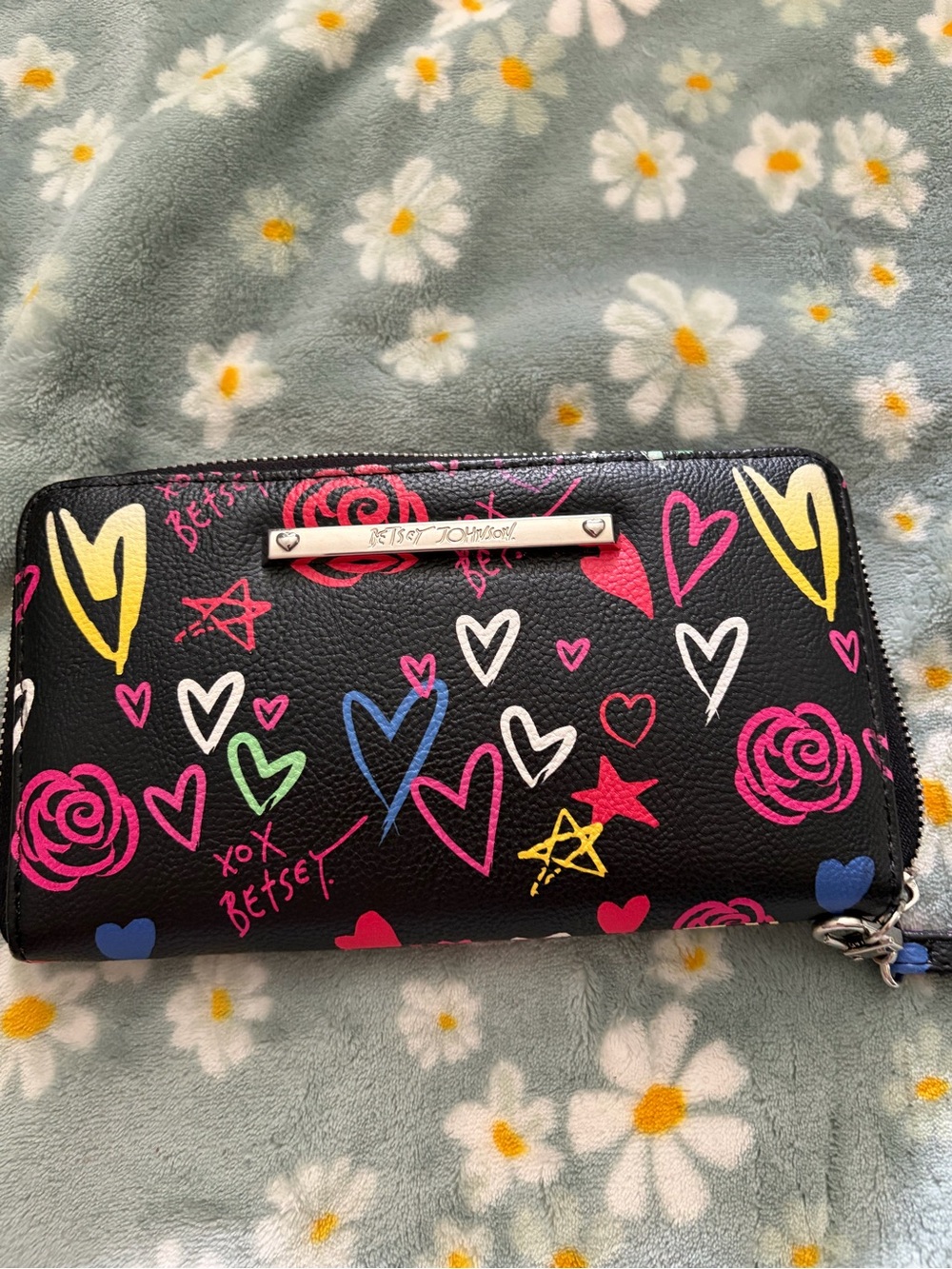 Betsey Johnson Black Wallet with Multicolor Heart & Rose Graffiti